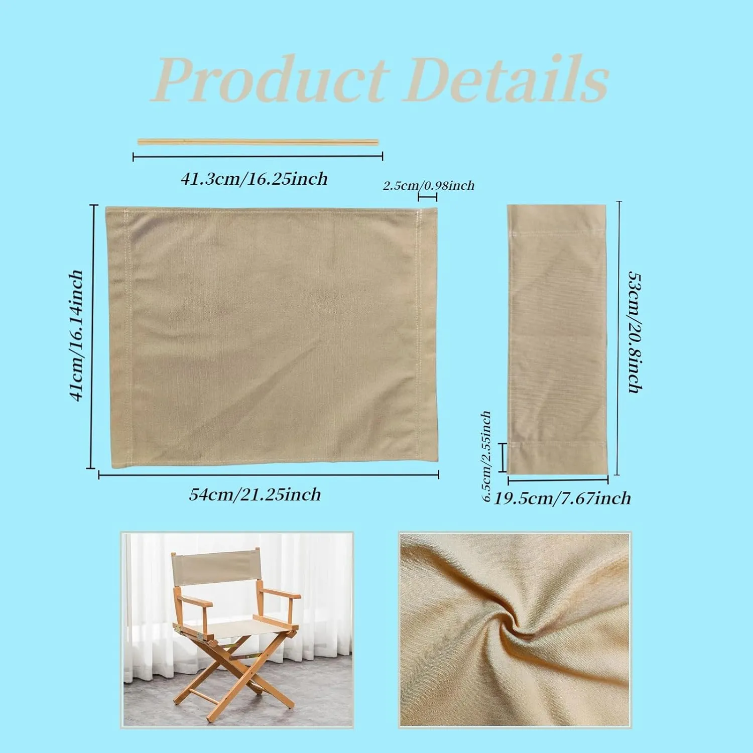 2 Set Director Chair Canvas Replacement with Wood Stick,21.2" L x 16.1" W/21.2X 7.8 Portable Replacement Cover Canvas for Directors Chair，Casual Director Chair Replacement Canvas (Khaki)