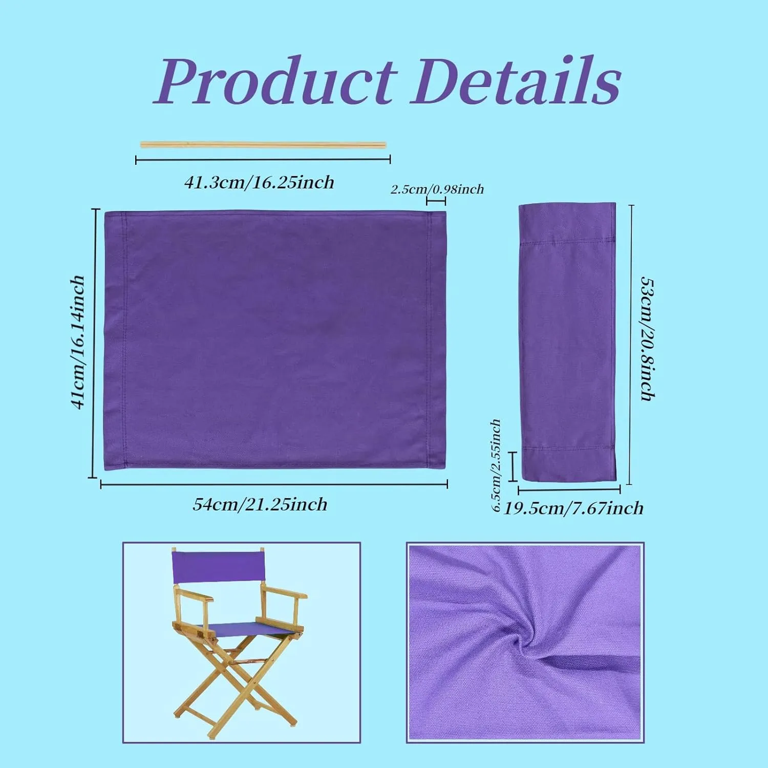 2 Set Director Chair Canvas Replacement with Wood Stick,21.2" L x 16.1" W/21.2X 7.8 Portable Replacement Cover Canvas for Directors Chair，Casual Director Chair Replacement Canvas (Purple)