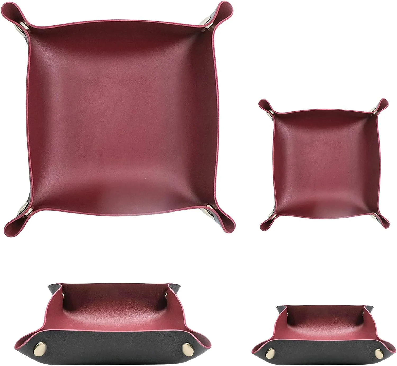 2 Size Leather Valet Tray Organizer, Folding Travel Organizer, Jewelry Tray, For Travel, Home Or Office | Plain Weave, Double Complexion - Red & Black