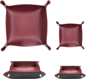 2 Size Leather Valet Tray Organizer, Folding Travel Organizer, Jewelry Tray, For Travel, Home Or Office | Plain Weave, Double Complexion - Red & Black