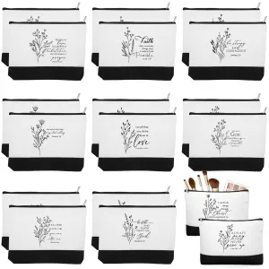 20 Pcs Christian Gifts for Women Religious Makeup Bag Canvas Inspirational Bible Verse Pencil Pouch with Zipper Church Cosmetic Bag for Sunday VBS Teachers(White&black,Aesthetic)