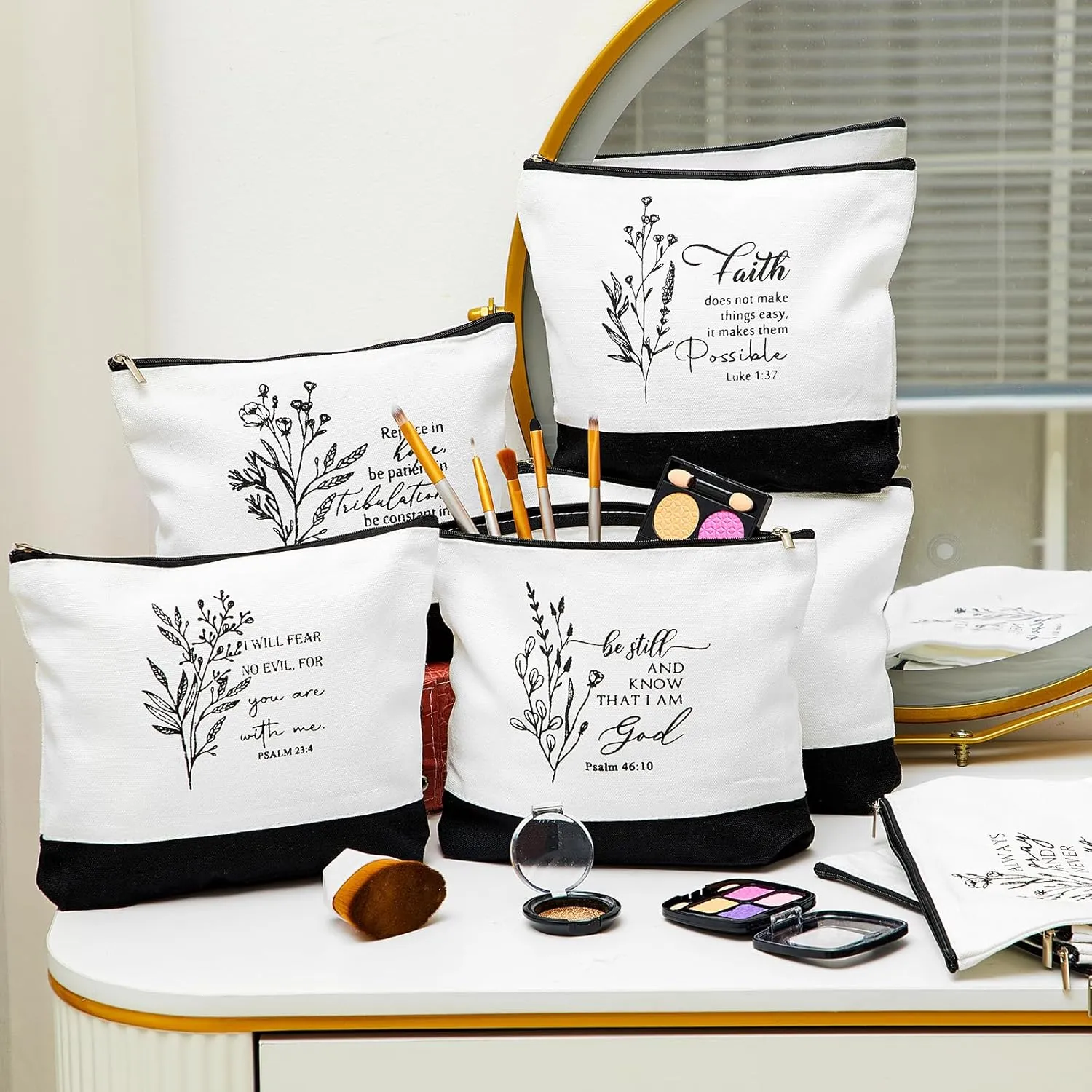 20 Pcs Christian Gifts for Women Religious Makeup Bag Canvas Inspirational Bible Verse Pencil Pouch with Zipper Church Cosmetic Bag for Sunday VBS Teachers(White&black,Aesthetic)