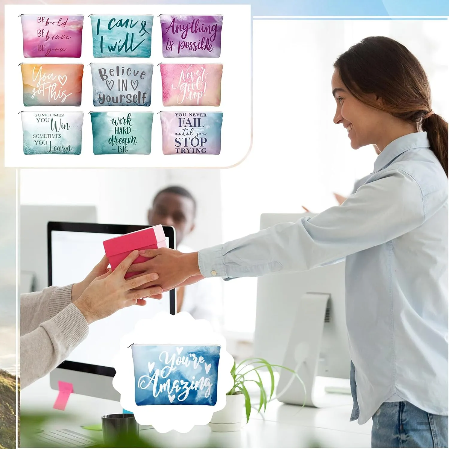20 Pcs Employee Appreciation Gifts 10 Inspirational Canvas Makeup Bags 10 Compact Mirrors Bulk Cosmetic Bags Round Portable Pocket Mirror Thank You Gifts for Women (Motivation)