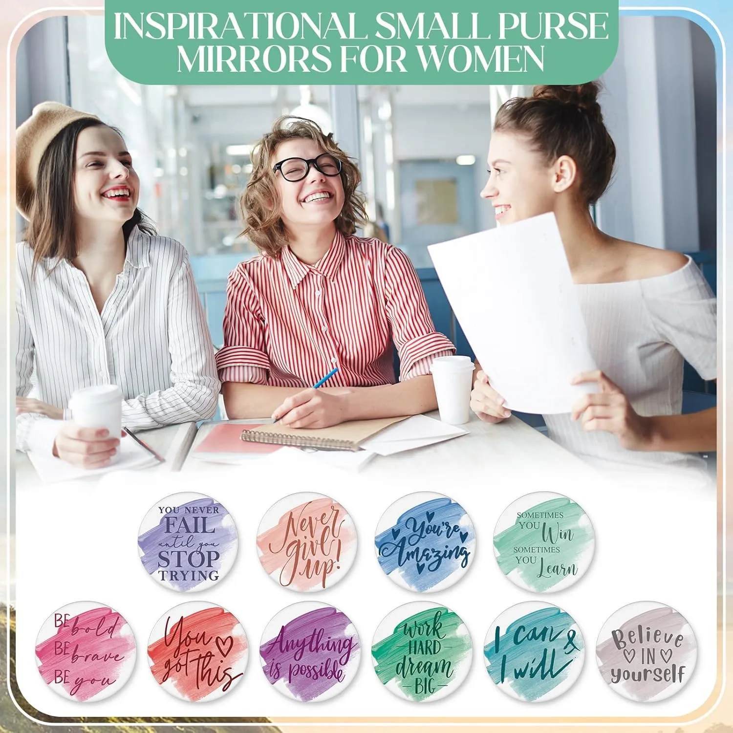 20 Pcs Employee Appreciation Gifts 10 Inspirational Canvas Makeup Bags 10 Compact Mirrors Bulk Cosmetic Bags Round Portable Pocket Mirror Thank You Gifts for Women (Motivation)