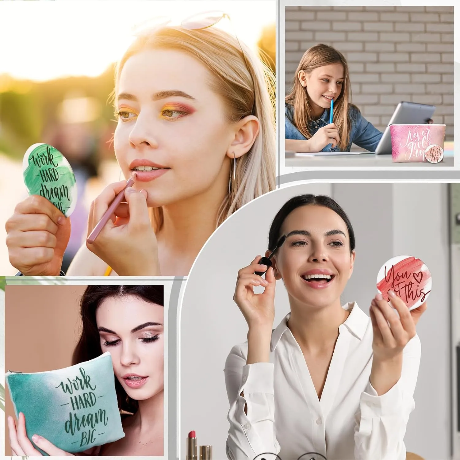 20 Pcs Employee Appreciation Gifts 10 Inspirational Canvas Makeup Bags 10 Compact Mirrors Bulk Cosmetic Bags Round Portable Pocket Mirror Thank You Gifts for Women (Motivation)