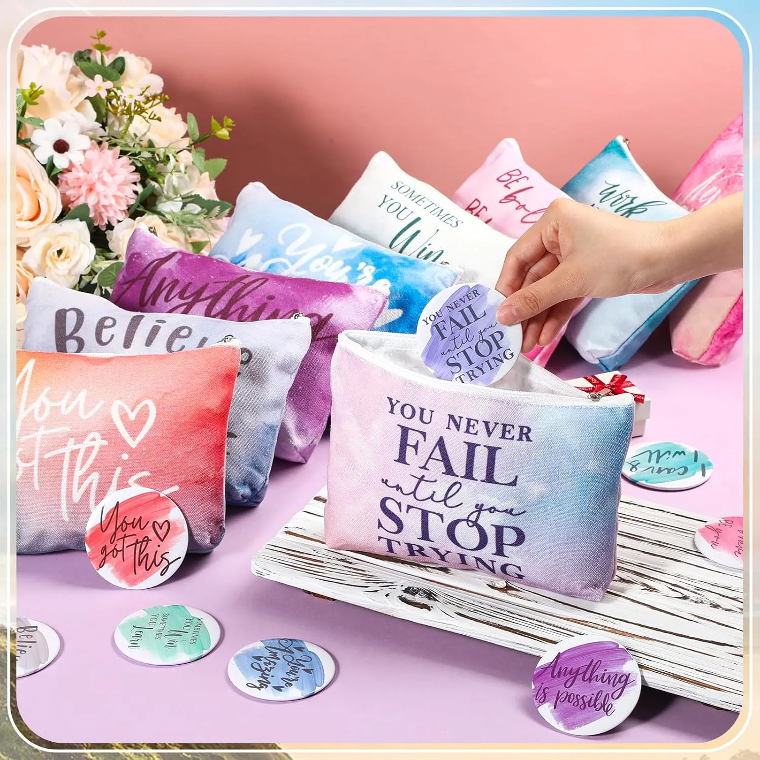 20 Pcs Employee Appreciation Gifts 10 Inspirational Canvas Makeup Bags 10 Compact Mirrors Bulk Cosmetic Bags Round Portable Pocket Mirror Thank You Gifts for Women (Motivation)