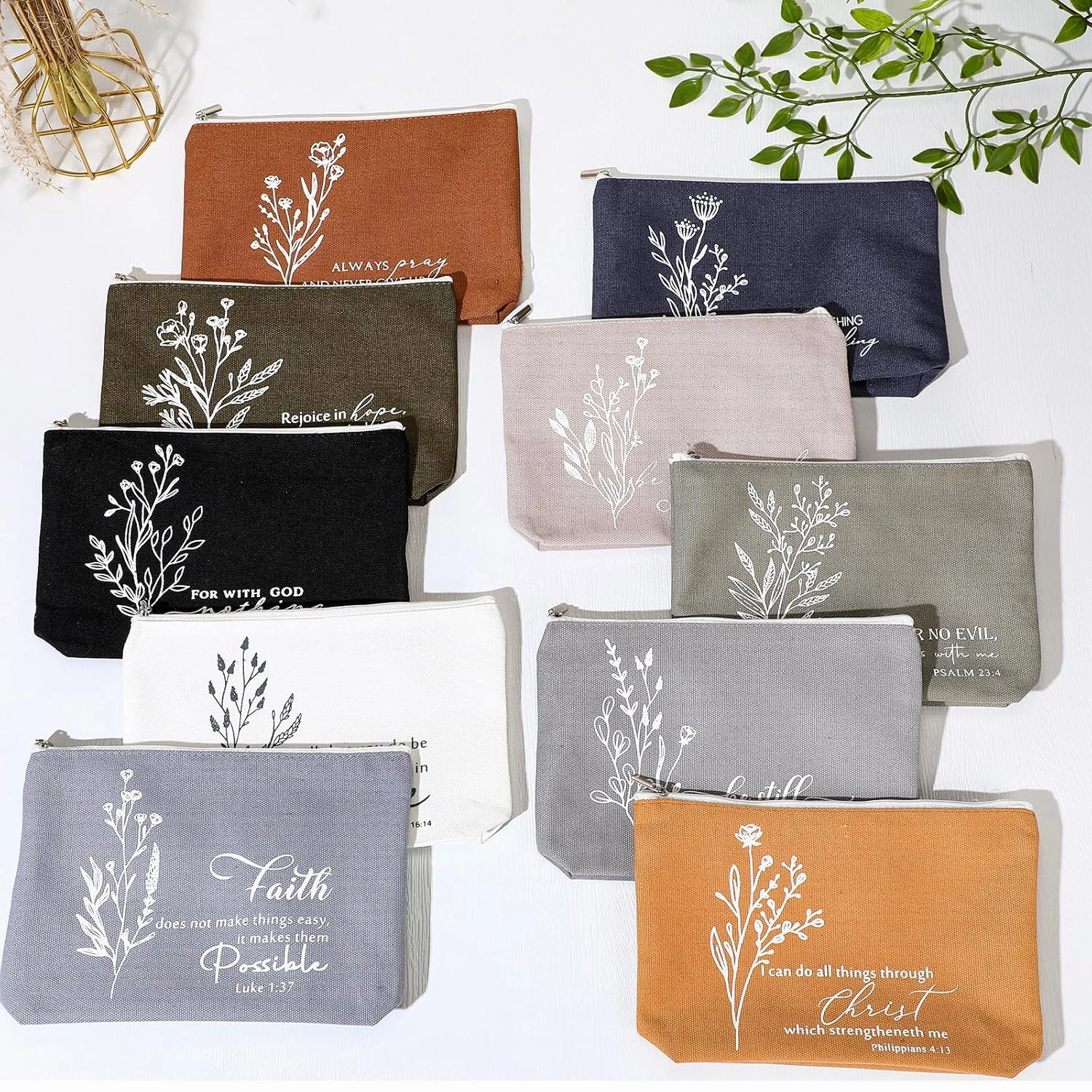20 Pcs Christian Gifts for Women Religious Makeup Bag Canvas Inspirational Bible Verse Pencil Pouch with Zipper Church Cosmetic Bag for Sunday VBS Teachers(Neutral,Aesthetic)