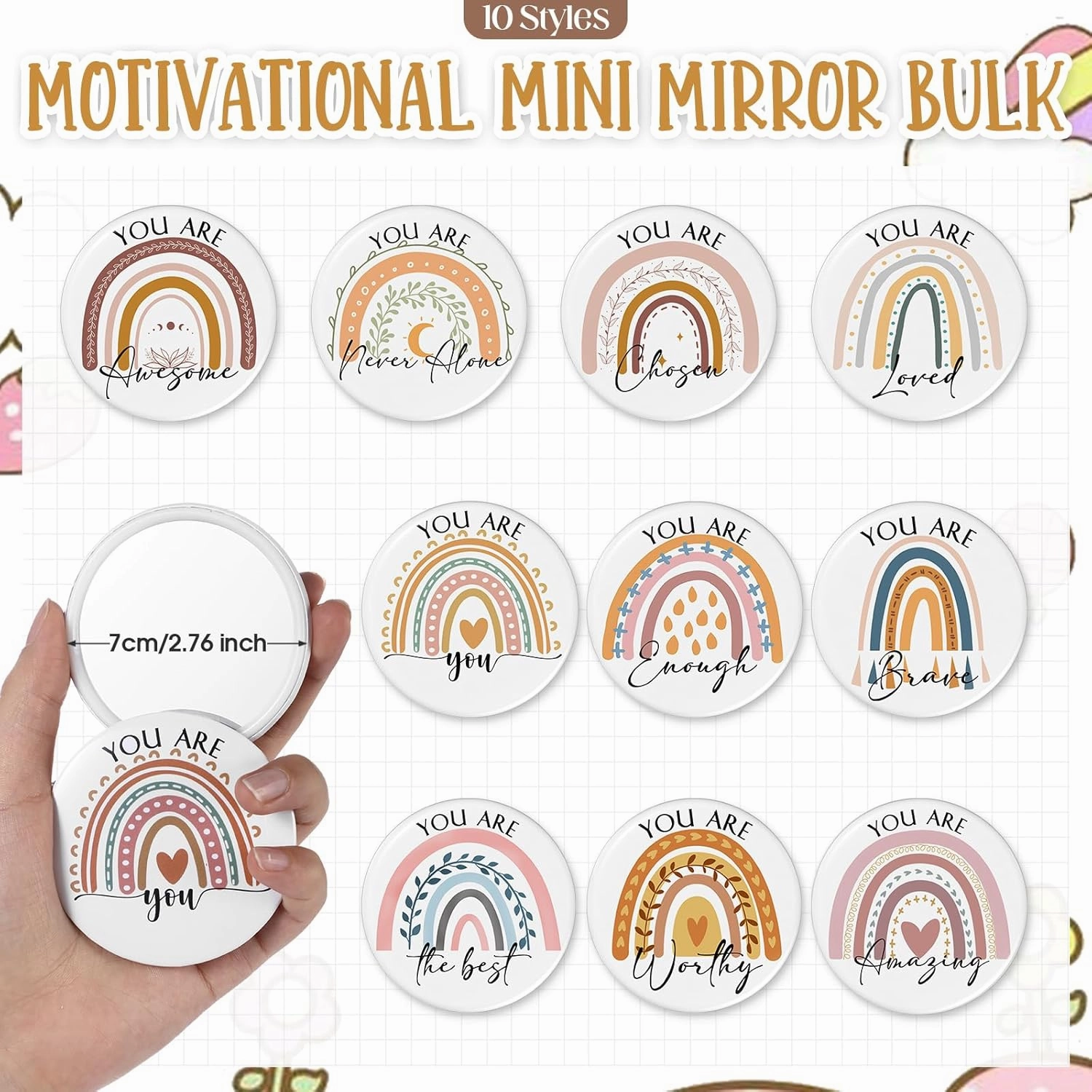 20 Pcs Employee Appreciation Gifts 10 Inspirational Canvas Makeup Bags 10 Compact Mirrors Bulk Cosmetic Bags Round Portable Pocket Mirror Thank You Gifts for Women (Rainbow)
