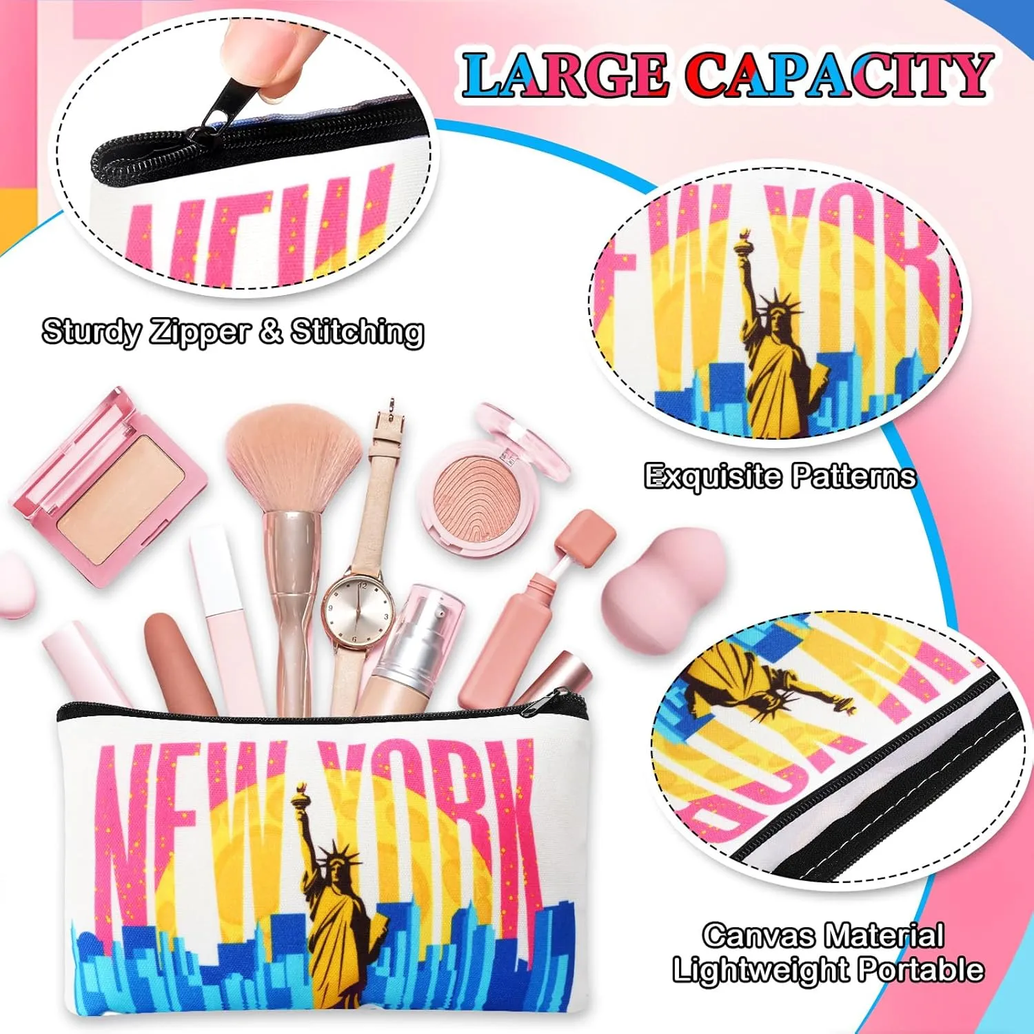 24 Pieces Makeup Bags Bulk Canvas Cosmetic Bags Purse Organizer Zipper Cosmetic Pouch Portable Travel Toiletry Pouch for Women Men Gifts, 7 x 4 Inch (New York)