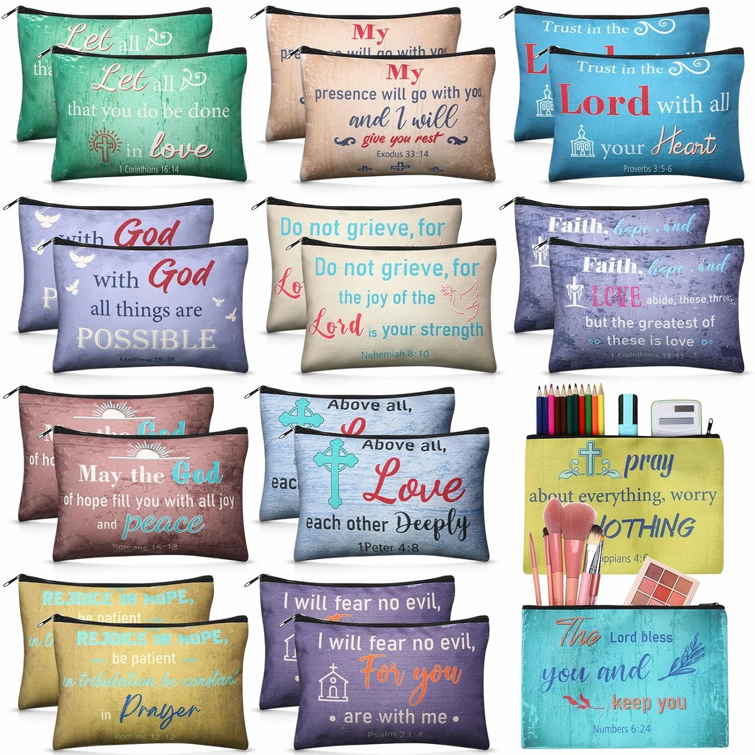 24 Pcs Christian Makeup Bag Bible Cosmetic Bags Inspirational Bible Verse Toiletry Pouches Canvas Motivational Pouches with Zipper for Women Organize Cosmetics Toiletries Stationery(Retro)