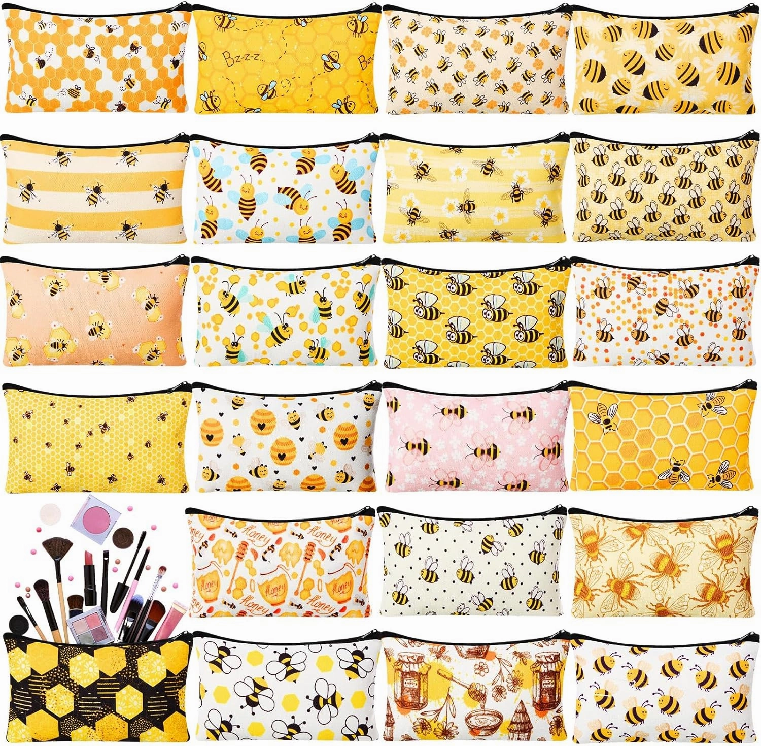 24 Pieces Funny Cosmetic Bags Bulk Make up Bags Zipper Canvas Purse Organizer Pouch Portable Travel Toiletry Pouch for Women Inspirational Gifts, 7 x 4 Inch(Bee)