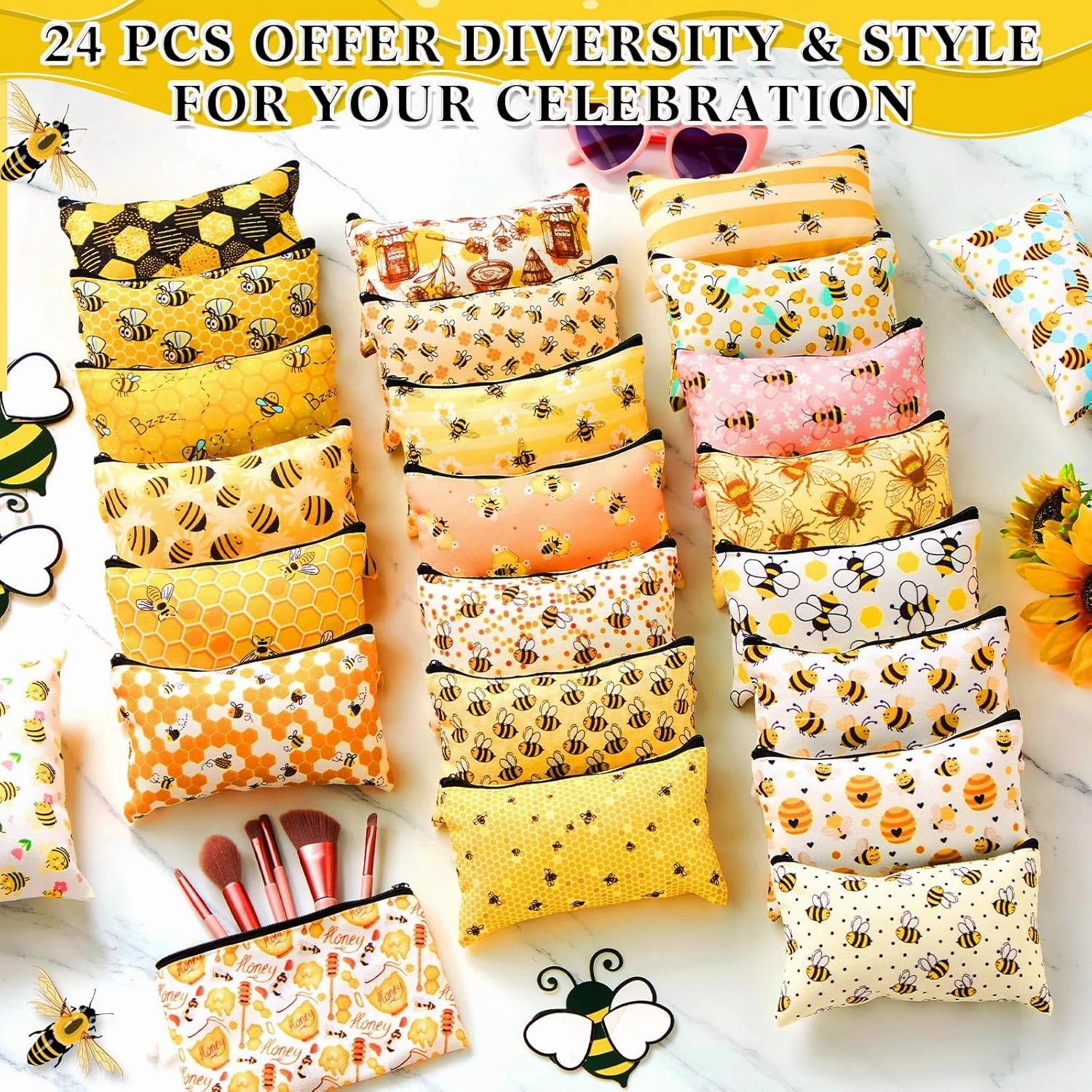 24 Pieces Funny Cosmetic Bags Bulk Make up Bags Zipper Canvas Purse Organizer Pouch Portable Travel Toiletry Pouch for Women Inspirational Gifts, 7 x 4 Inch(Bee)
