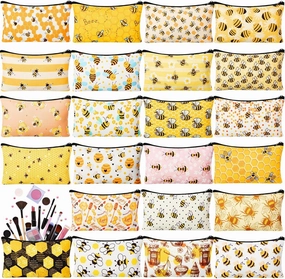 24 Pieces Funny Cosmetic Bags Bulk Make up Bags Zipper Canvas Purse Organizer Pouch Portable Travel Toiletry Pouch for Women Inspirational Gifts, 7 x 4 Inch(Bee)