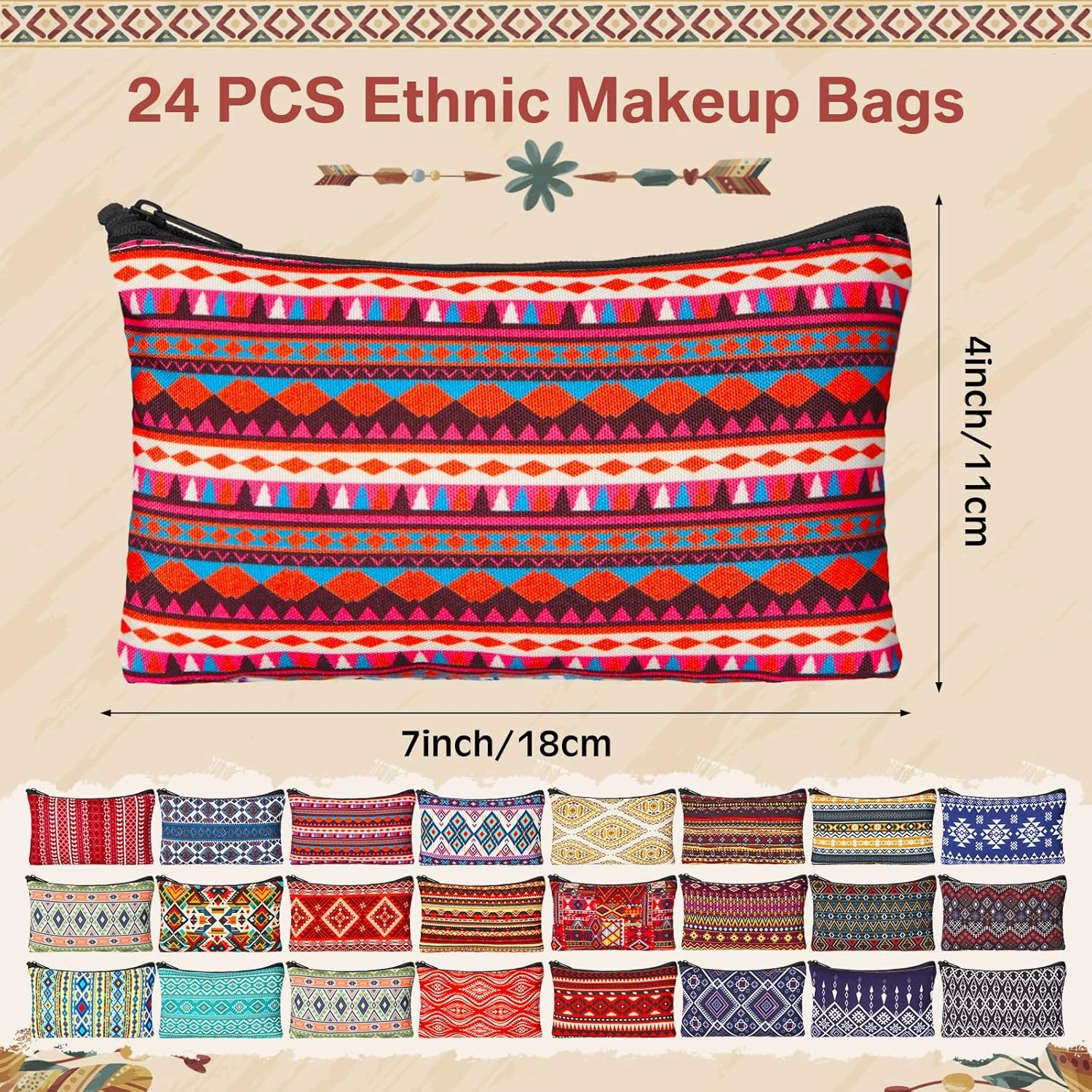 24 Pieces Makeup Bags Bulk Canvas Cosmetic Bags Purse Organizer Zipper Cosmetic Pouch Portable Travel Toiletry Pouch for Women Men Gifts, 7 x 4 Inch(Ethnic)