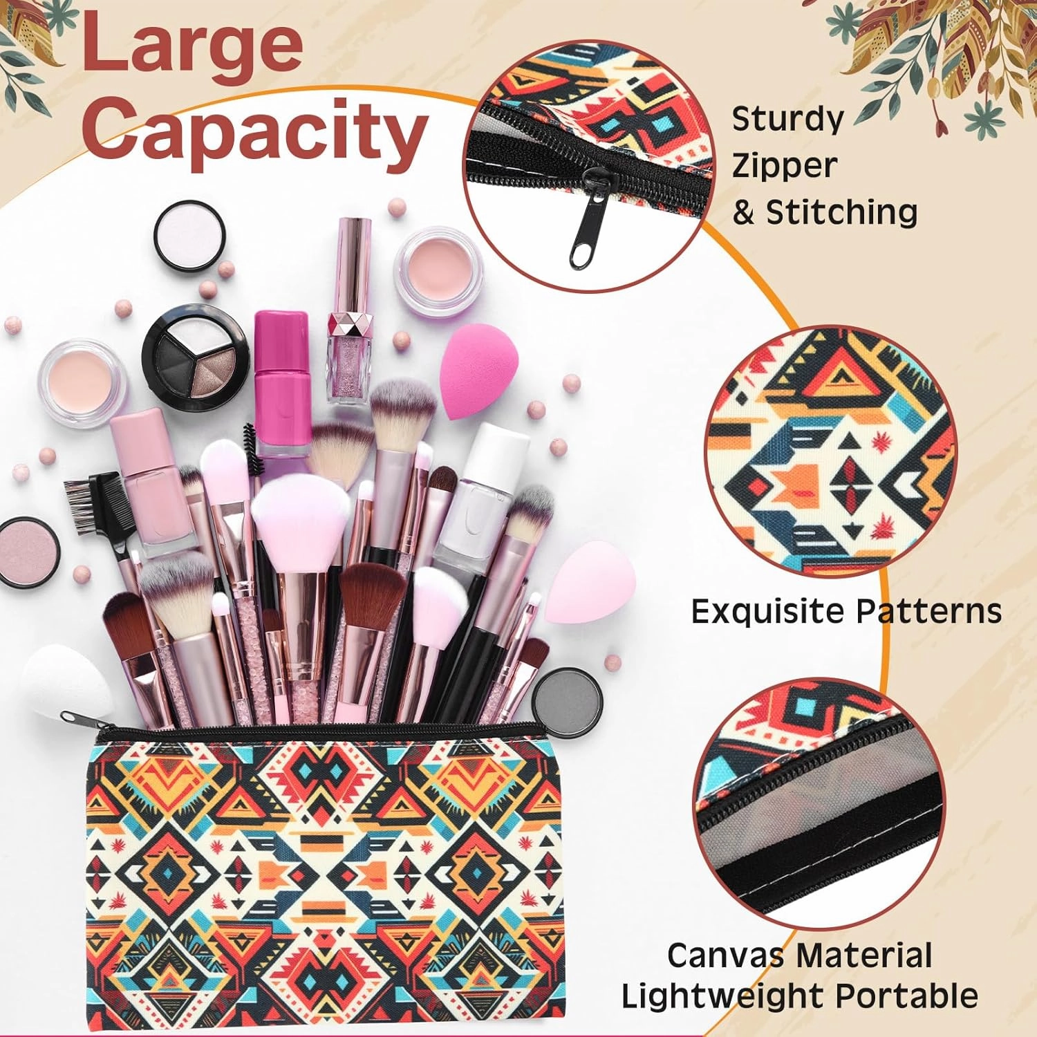 24 Pieces Makeup Bags Bulk Canvas Cosmetic Bags Purse Organizer Zipper Cosmetic Pouch Portable Travel Toiletry Pouch for Women Men Gifts, 7 x 4 Inch(Ethnic)