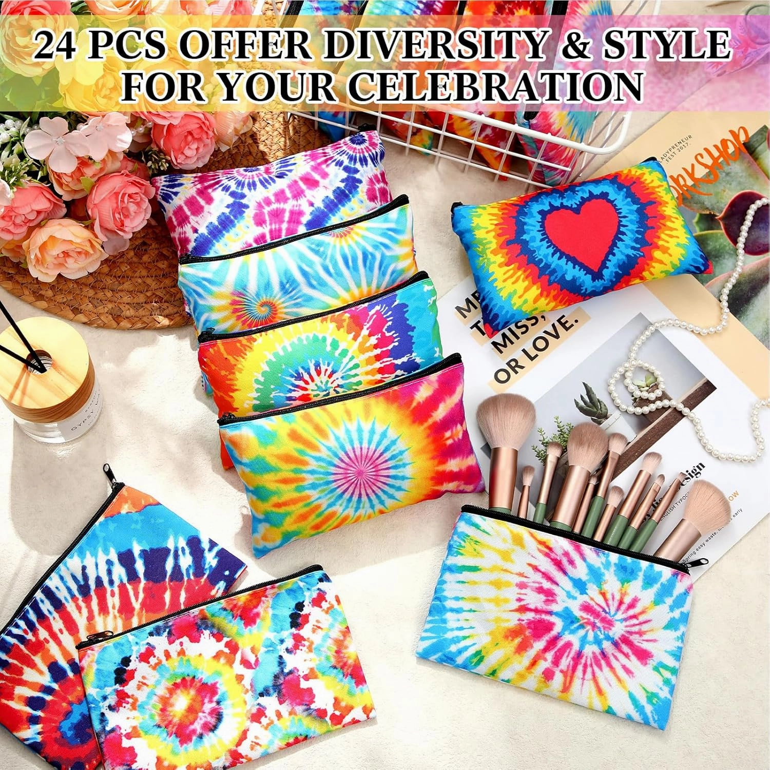 24 Pieces Makeup Bags Bulk Canvas Cosmetic Bags Purse Organizer Zipper Cosmetic Pouch Portable Travel Toiletry Pouch for Women Men Gifts, 7 x 4 Inch (Tie-dye)