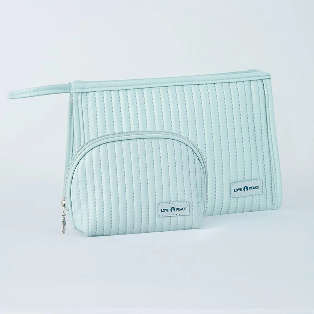 2 Pcs Makeup Bags, Mini Bag for Purse,Flat Bottom Makeup Pouch with Mesh Pockets for Travel, Minimalism Cosmetic Pouch (Light Blue)