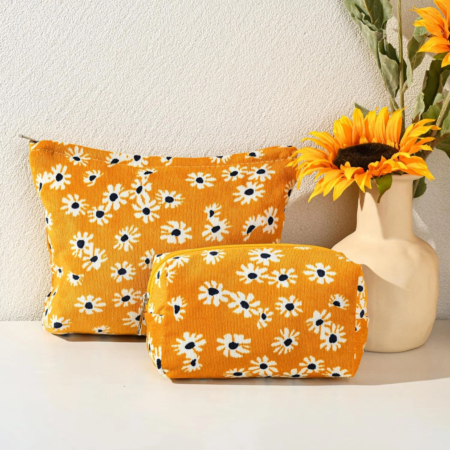 2 Pieces Flower Makeup Bag Large Cosmetic Bag Capacity Canvas Mix Travel Toiletry Bag Organizer Cute Makeup Brushes Aesthetic Accessories Storage Bag for Women,Little Flower Mix Yellow