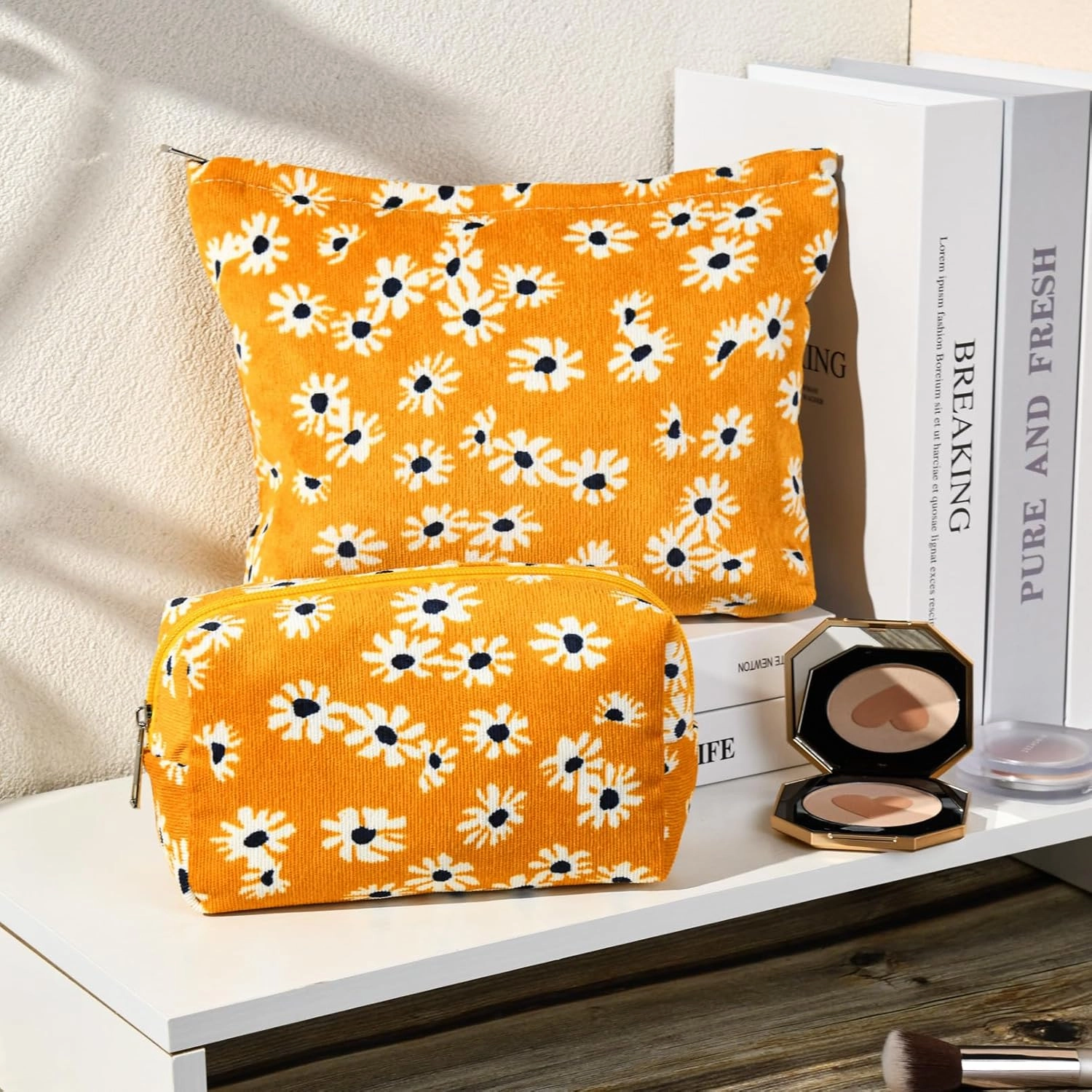 2 Pieces Flower Makeup Bag Large Cosmetic Bag Capacity Canvas Mix Travel Toiletry Bag Organizer Cute Makeup Brushes Aesthetic Accessories Storage Bag for Women,Little Flower Mix Yellow