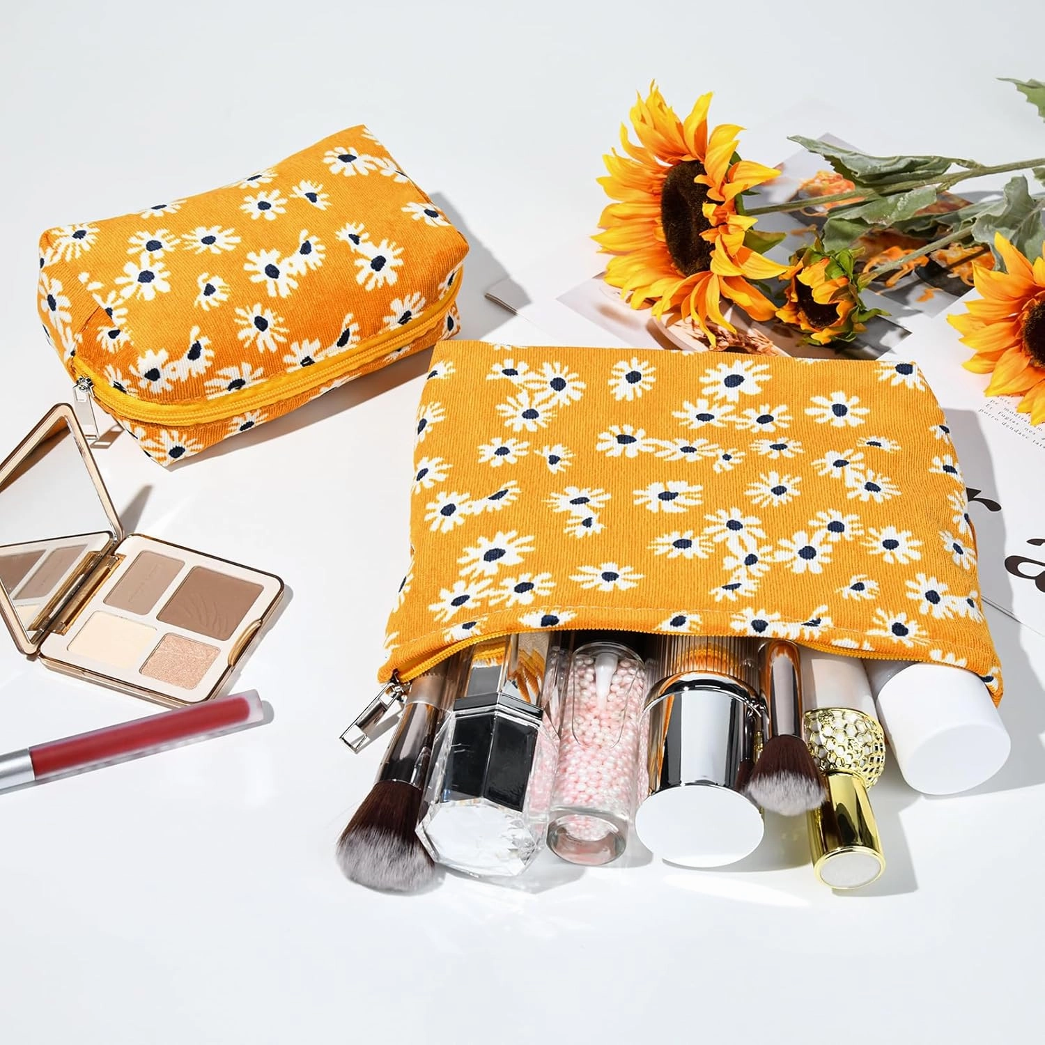 2 Pieces Flower Makeup Bag Large Cosmetic Bag Capacity Canvas Mix Travel Toiletry Bag Organizer Cute Makeup Brushes Aesthetic Accessories Storage Bag for Women,Little Flower Mix Yellow