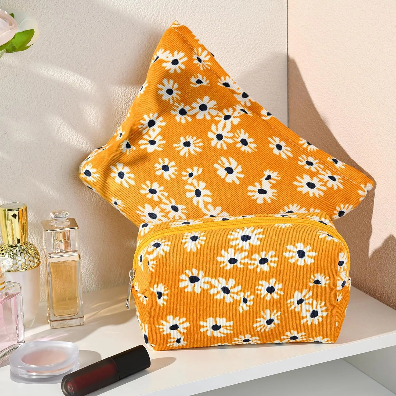 2 Pieces Flower Makeup Bag Large Cosmetic Bag Capacity Canvas Mix Travel Toiletry Bag Organizer Cute Makeup Brushes Aesthetic Accessories Storage Bag for Women,Little Flower Mix Yellow