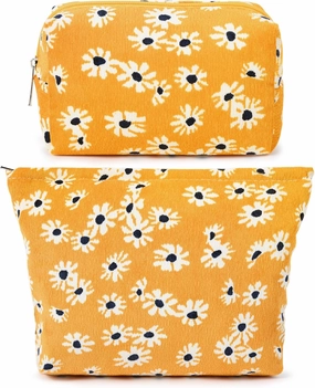2 Pieces Flower Makeup Bag Large Cosmetic Bag Capacity Canvas Mix Travel Toiletry Bag Organizer Cute Makeup Brushes Aesthetic Accessories Storage Bag for Women,Little Flower Mix Yellow