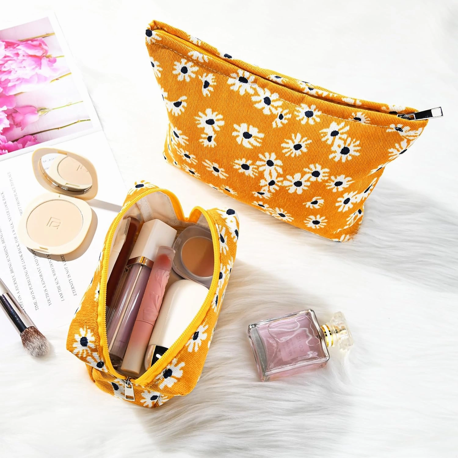 2 Pieces Flower Makeup Bag Large Cosmetic Bag Capacity Canvas Mix Travel Toiletry Bag Organizer Cute Makeup Brushes Aesthetic Accessories Storage Bag for Women,Little Flower Mix Yellow