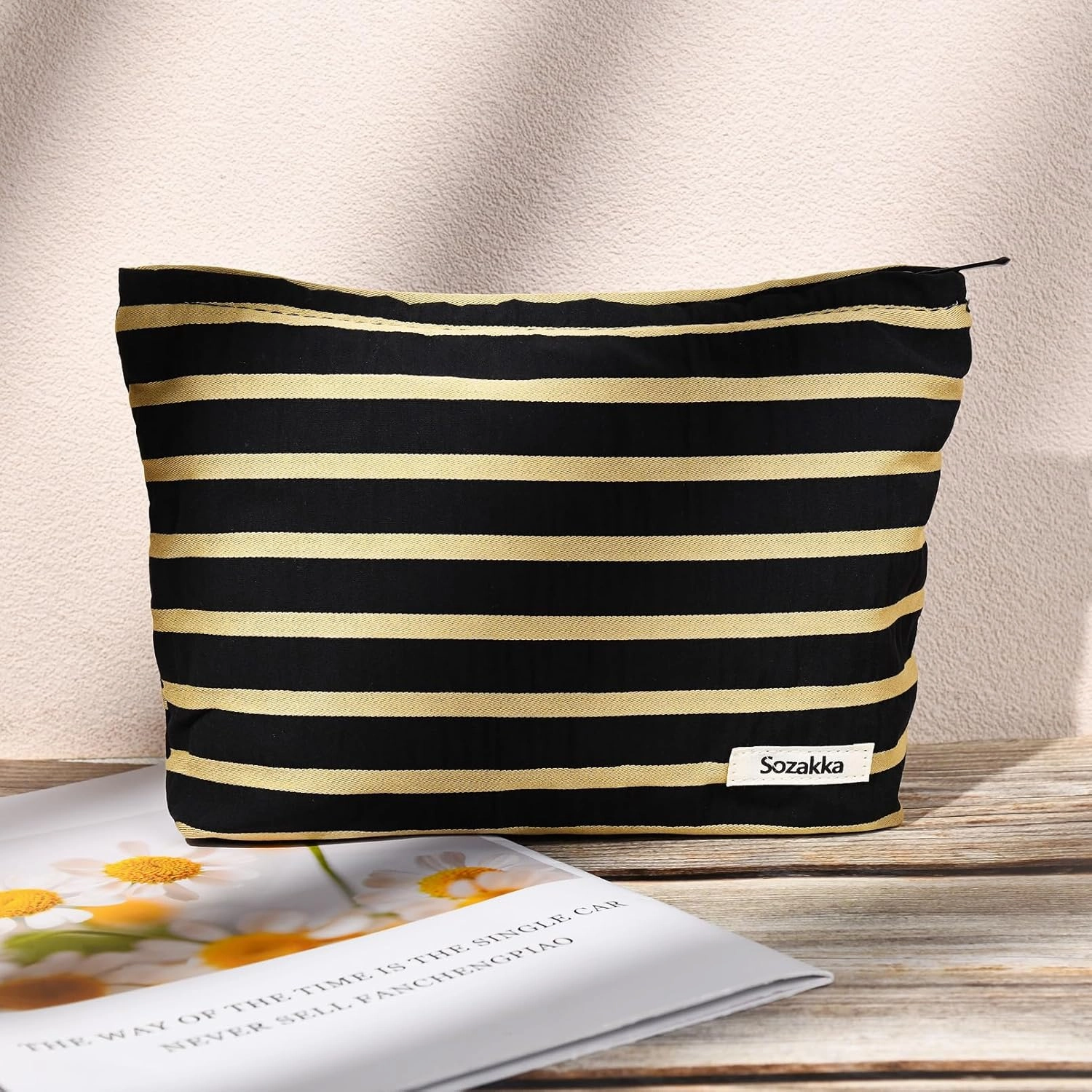 2 Pieces Makeup Bag Large Stripe Cosmetic Bag Capacity Canvas Travel Toiletry Bag Organizer Cute Makeup Brushes Aesthetic Accessories Storage Bag for Women, Stripe L Black White