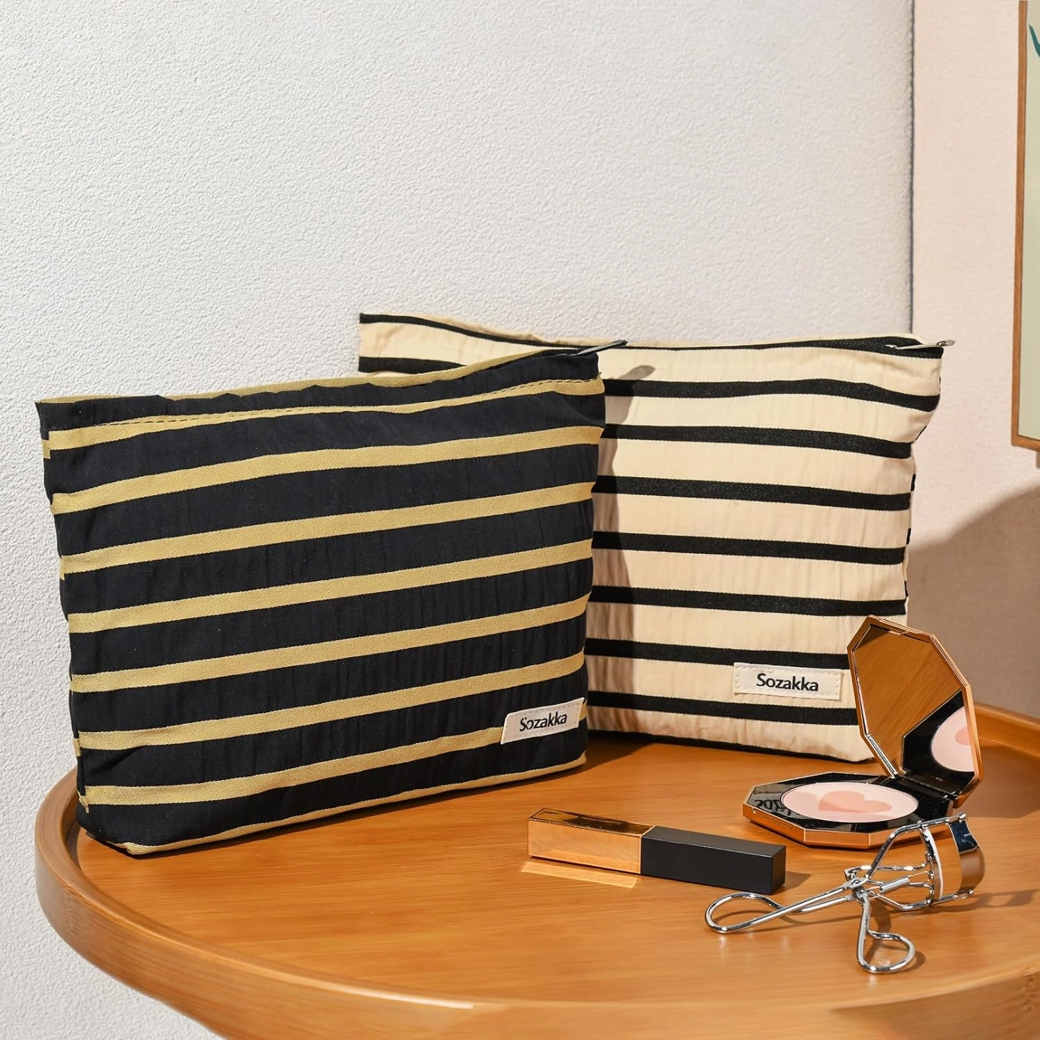 2 Pieces Makeup Bag Large Stripe Cosmetic Bag Capacity Canvas Travel Toiletry Bag Organizer Cute Makeup Brushes Aesthetic Accessories Storage Bag for Women, Stripe L Black White