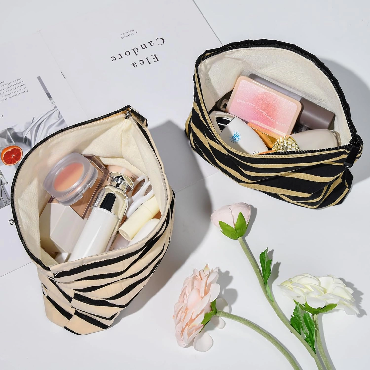 2 Pieces Makeup Bag Large Stripe Cosmetic Bag Capacity Canvas Travel Toiletry Bag Organizer Cute Makeup Brushes Aesthetic Accessories Storage Bag for Women, Stripe L Black White
