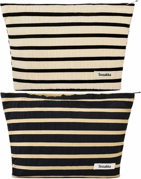 2 Pieces Makeup Bag Large Stripe Cosmetic Bag Capacity Canvas Travel Toiletry Bag Organizer Cute Makeup Brushes Aesthetic Accessories Storage Bag for Women, Stripe L Black White