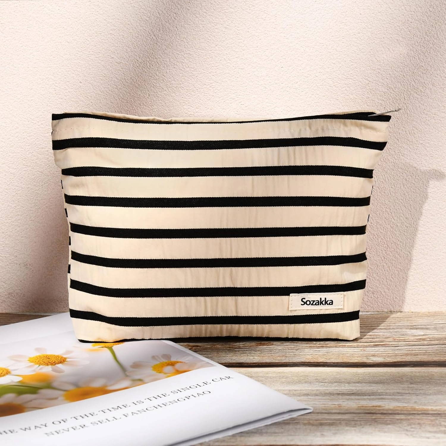 2 Pieces Makeup Bag Large Stripe Cosmetic Bag Capacity Canvas Travel Toiletry Bag Organizer Cute Makeup Brushes Aesthetic Accessories Storage Bag for Women, Stripe L Black White