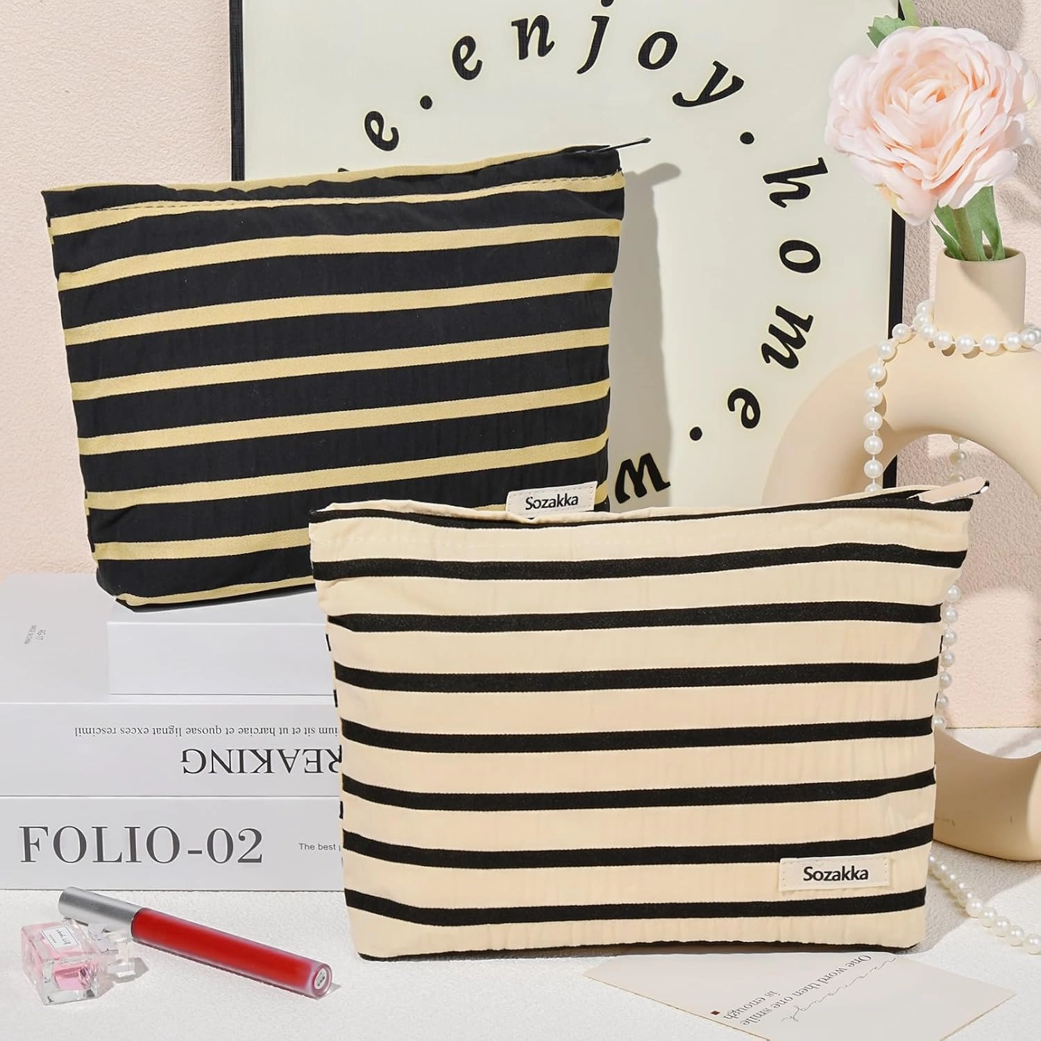 2 Pieces Makeup Bag Large Stripe Cosmetic Bag Capacity Canvas Travel Toiletry Bag Organizer Cute Makeup Brushes Aesthetic Accessories Storage Bag for Women, Stripe L Black White