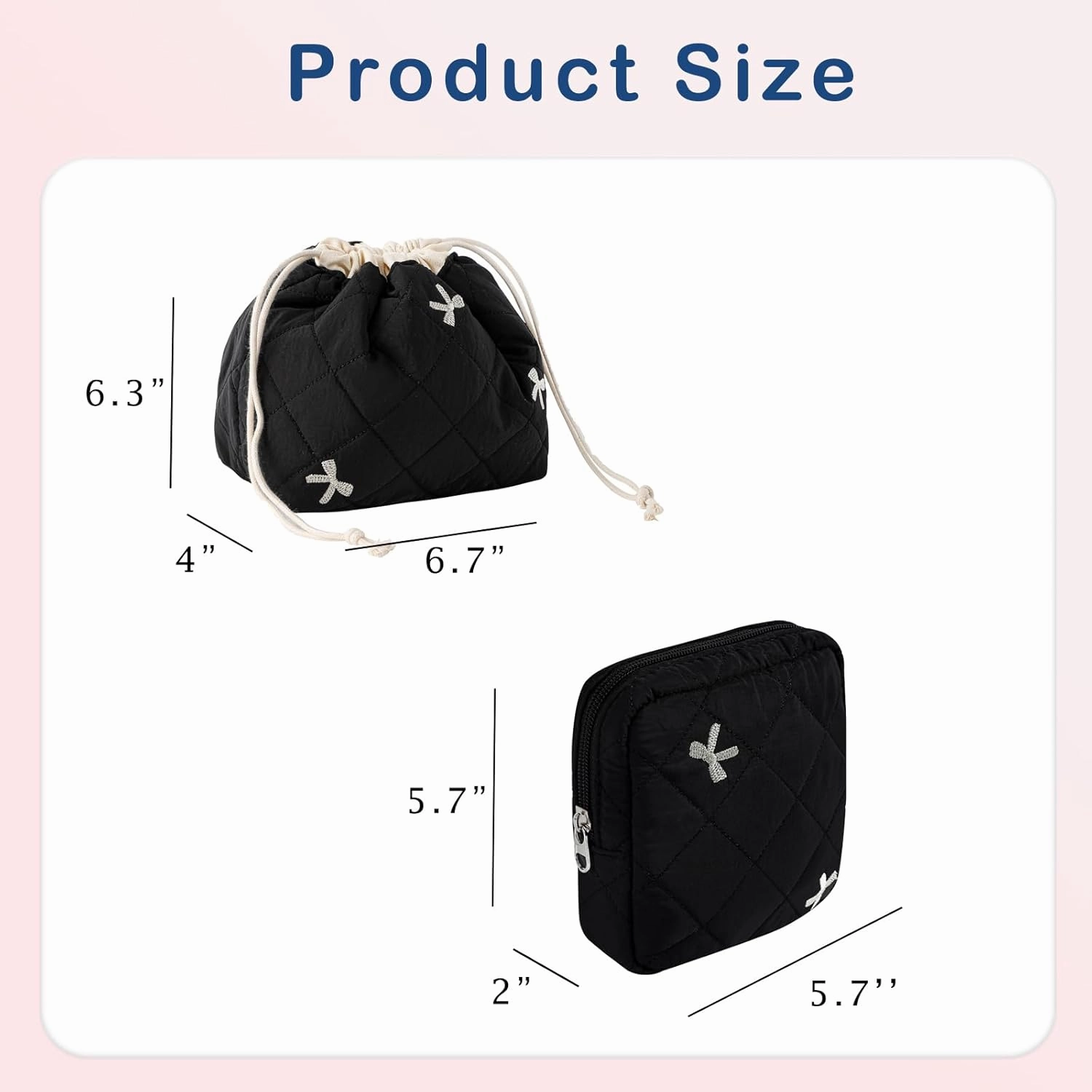 2Pcs Small Cotton Quilted Makeup Bag Set, Cute Coquette Drawstring Cosmetic Bag with Canvas Lining, Aesthetic Travel Organized Toiletry Bags for Purse (02Black Bows)
