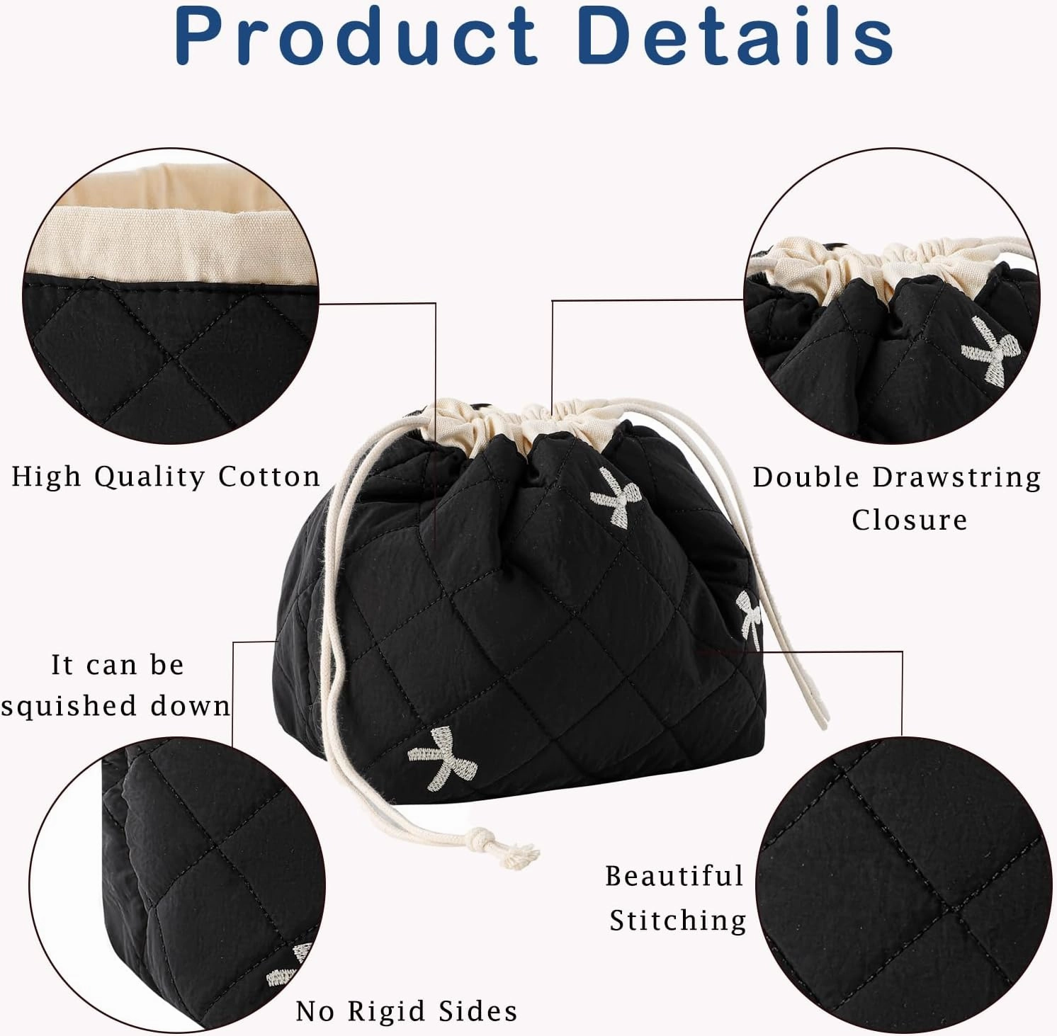 2Pcs Small Cotton Quilted Makeup Bag Set, Cute Coquette Drawstring Cosmetic Bag with Canvas Lining, Aesthetic Travel Organized Toiletry Bags for Purse (02Black Bows)