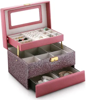 3-Layer Leather Jewelry Organizer, Portable Lockable Jewelry Storage Box with Mirror, for Rings Earrings Necklaces Bangle Bracelet Watches Storage, Gift for Girls or Women