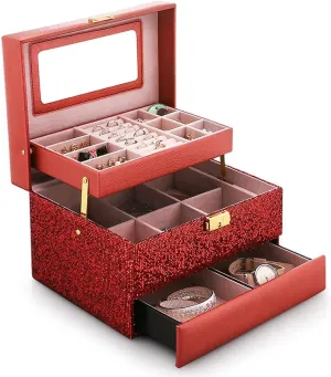 3-Layer Leather Jewelry Organizer, Portable Lockable Jewelry Storage Box with Mirror, for Rings Earrings Necklaces Bangle Bracelet Watches Storage, Gift for Girls or Women