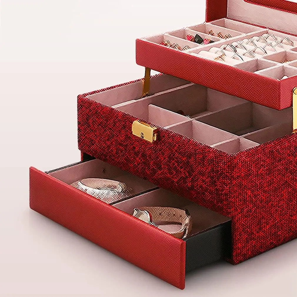 3-Layer Leather Jewelry Organizer, Portable Lockable Jewelry Storage Box with Mirror, for Rings Earrings Necklaces Bangle Bracelet Watches Storage, Gift for Girls or Women