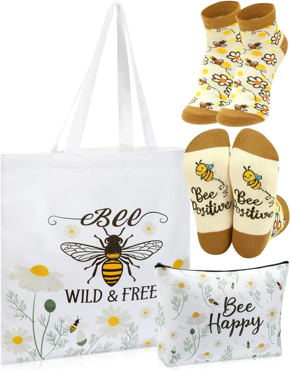 3 Pcs Bee Themed Gifts for Women Funny Honeybee Canvas Tote Bag with Zipper Makeup Bag and Socks Bee day Holiday Birthday Gifts for Mother Teachers Employee Beekeepers Lovers