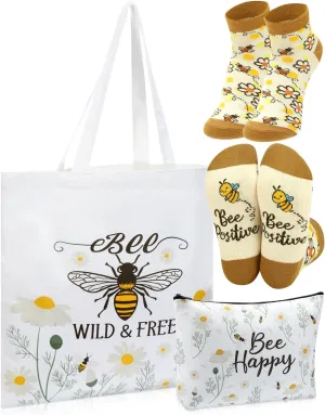 3 Pcs Bee Themed Gifts for Women Funny Honeybee Canvas Tote Bag with Zipper Makeup Bag and Socks Bee day Holiday Birthday Gifts for Mother Teachers Employee Beekeepers Lovers