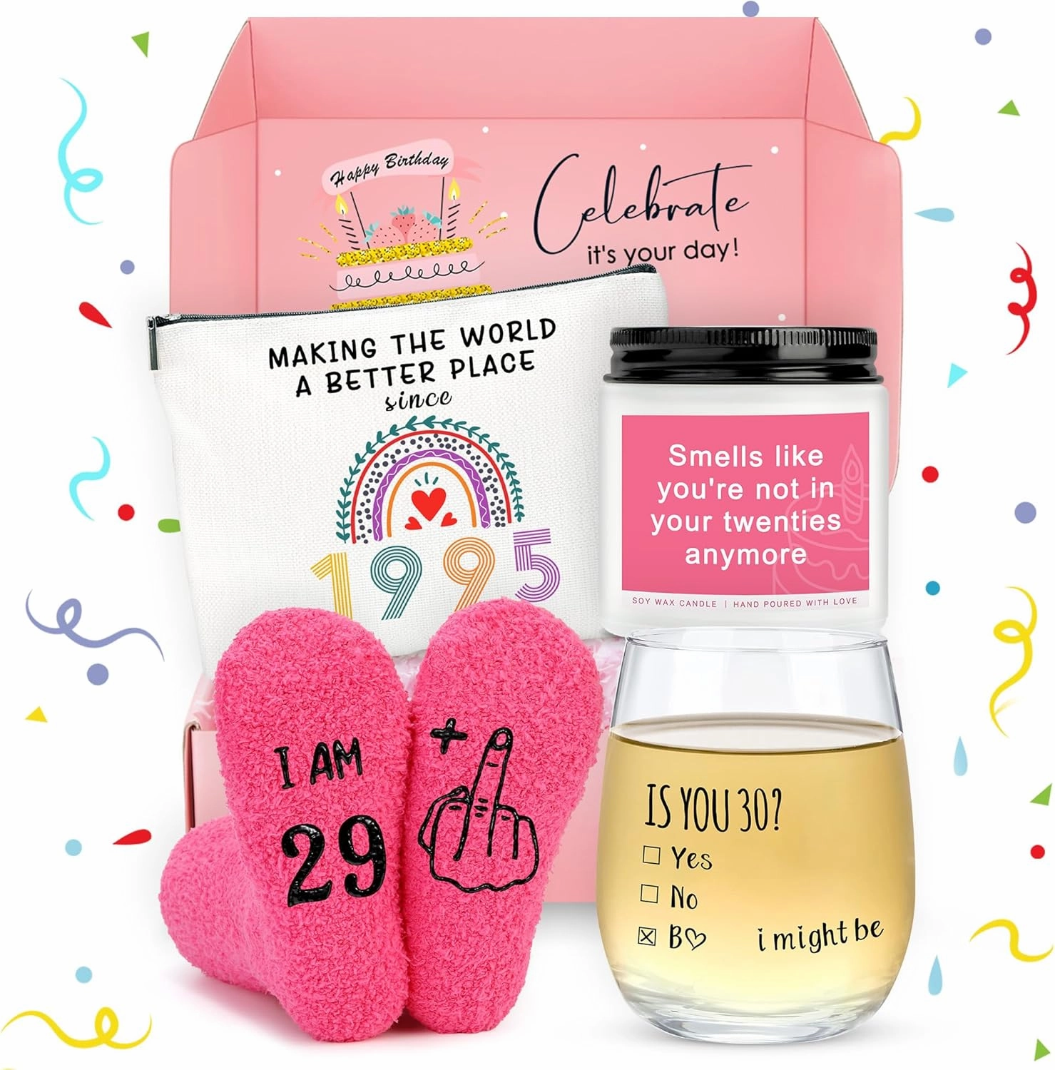 30th Birthday Gifts for Women 30 Year Old Birthday Gifts for Women Dirty Thirty Decorations for Her Gift Ideas for Woman 30s Funny Gift for 30 Year Old Woman - Wine Glass Makeup Bag Candle Socks