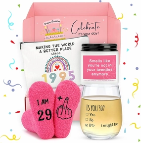 30th Birthday Gifts for Women 30 Year Old Birthday Gifts for Women Dirty Thirty Decorations for Her Gift Ideas for Woman 30s Funny Gift for 30 Year Old Woman - Wine Glass Makeup Bag Candle Socks