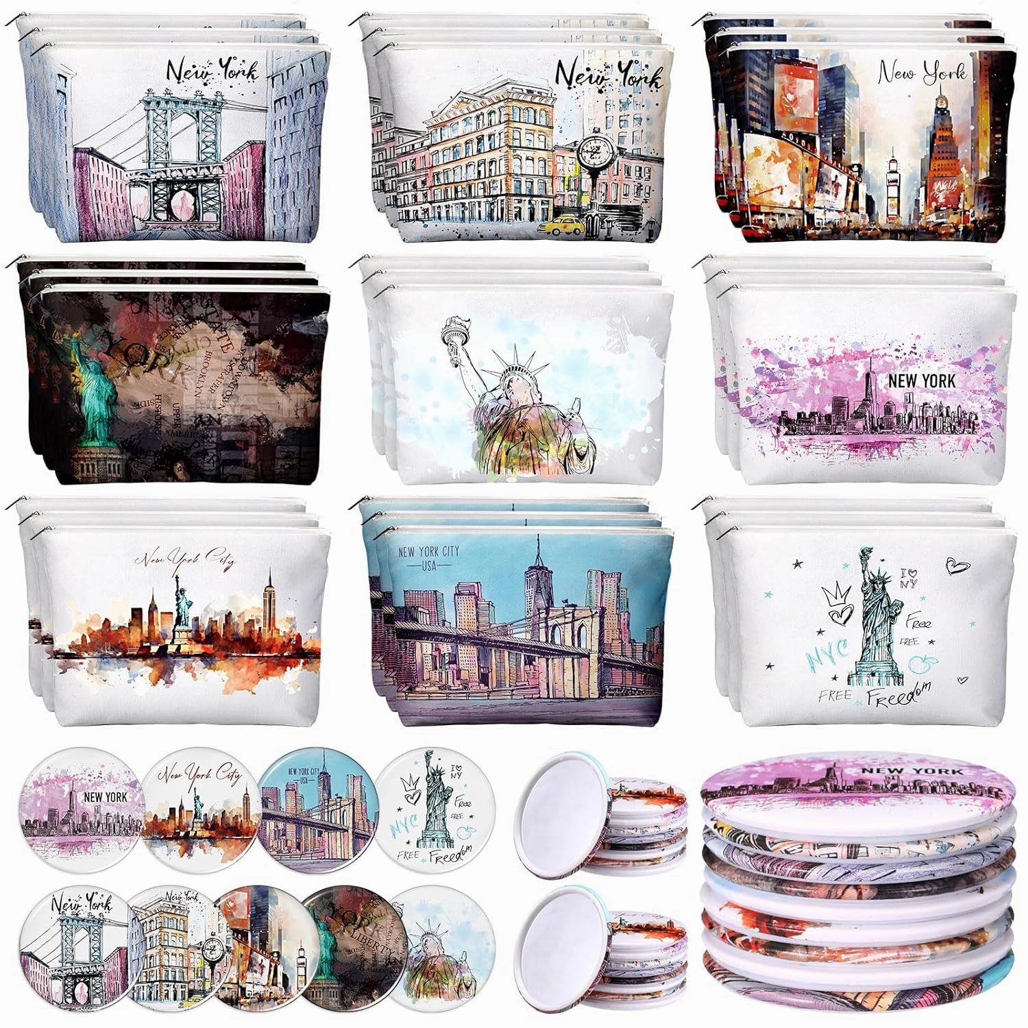 36 Set New York Souvenirs Gifts Include City Cosmetic Bag Bulk New York Makeup Bag Nyc Souvenirs from USA Makeup Mirrors for Women Traveler Birthday Party Favors Trip Journey Gifts