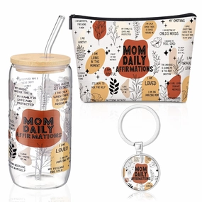 3 Pcs Mom Daily Affirmation Gifts Set for Women, Daily Affirmations Makeup Bag Positive 16oz Iced Coffee Cup and Keychain Inspirational Gifts for Nurse Mom Coworker Birthday