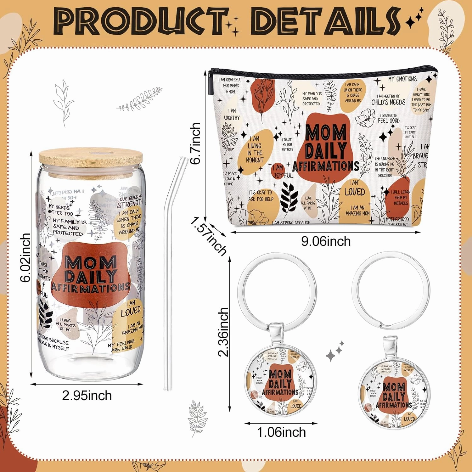3 Pcs Mom Daily Affirmation Gifts Set for Women, Daily Affirmations Makeup Bag Positive 16oz Iced Coffee Cup and Keychain Inspirational Gifts for Nurse Mom Coworker Birthday