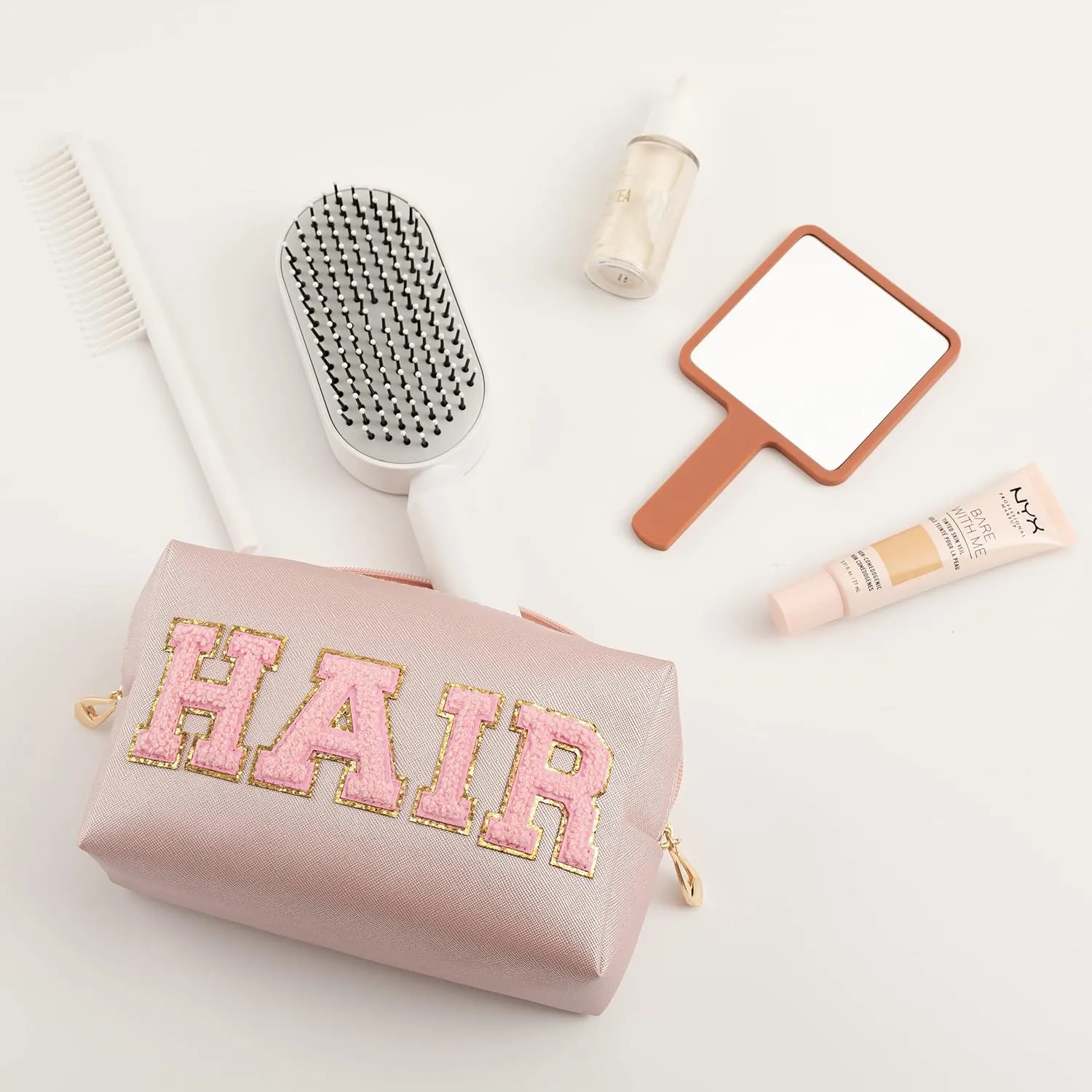 3PCS Preppy Makeup Bag for Women Travel Toiletry Bag Chenille Letter Cosmetic Bag PU Leather Waterproof Pouch Cute Zipper Organizer, Skin, Hair and Face
