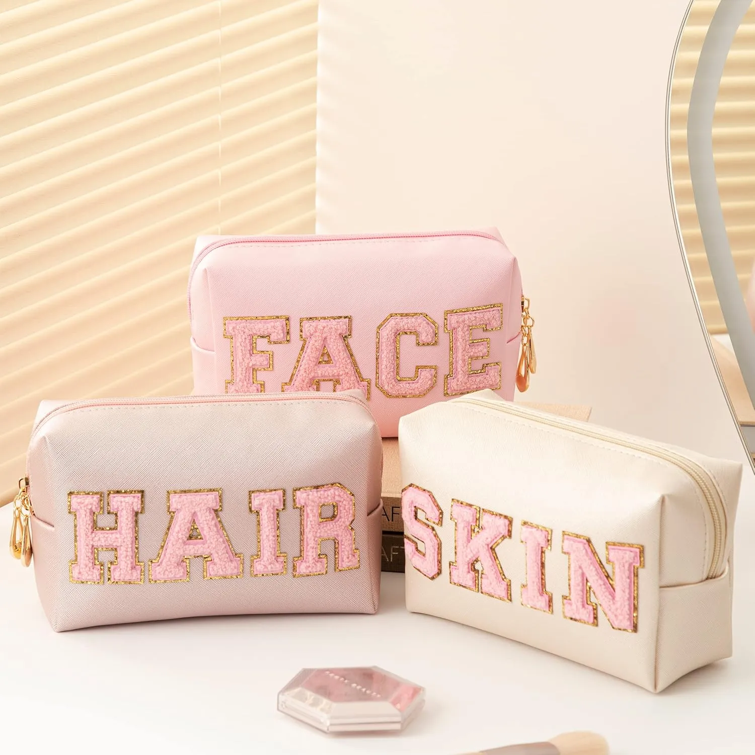 3PCS Preppy Makeup Bag for Women Travel Toiletry Bag Chenille Letter Cosmetic Bag PU Leather Waterproof Pouch Cute Zipper Organizer, Skin, Hair and Face