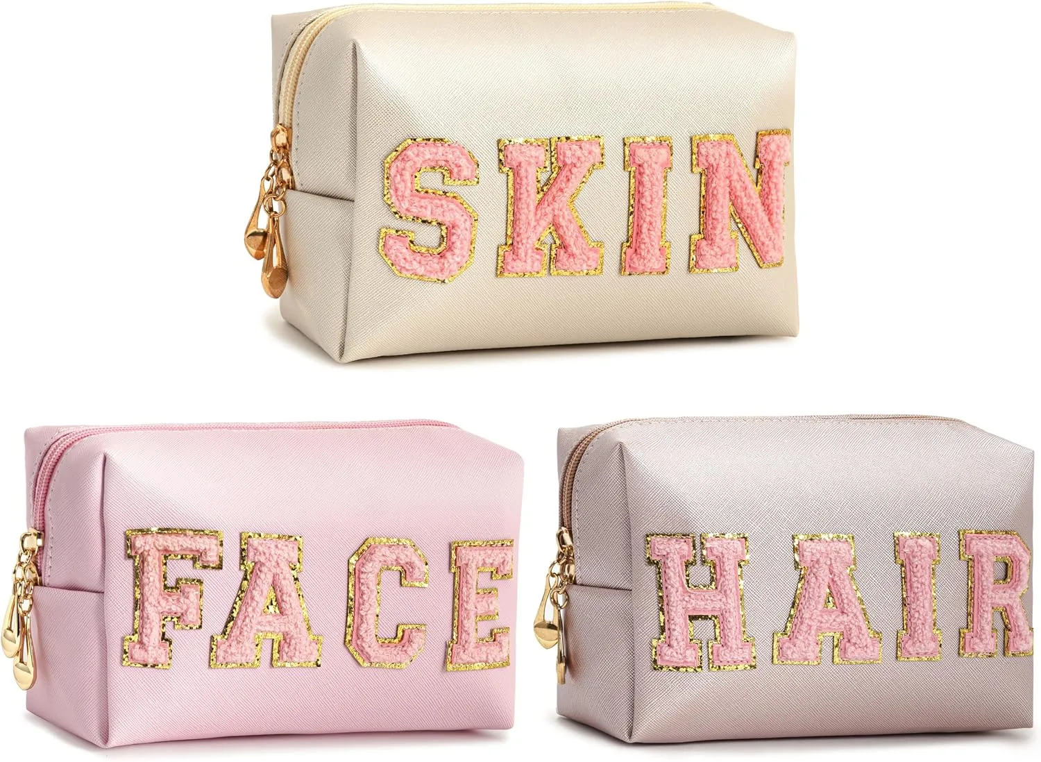 3PCS Preppy Makeup Bag for Women Travel Toiletry Bag Chenille Letter Cosmetic Bag PU Leather Waterproof Pouch Cute Zipper Organizer, Skin, Hair and Face