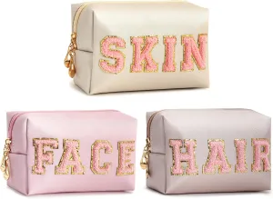 3PCS Preppy Makeup Bag for Women Travel Toiletry Bag Chenille Letter Cosmetic Bag PU Leather Waterproof Pouch Cute Zipper Organizer, Skin, Hair and Face