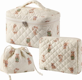 3Pcs Aesthetic Cotton Quilted Drawstring Makeup Bag Set, Aesthetic Cute Bow Makeup Pouch for Girls and Women, Aesthetic Travel Organized Cosmetic Bags for Purse(01Bear)